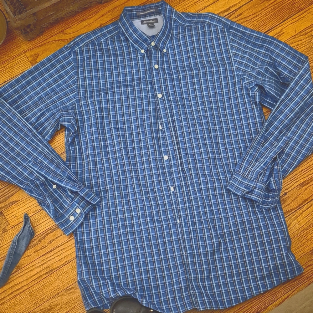 Eddie Bauer Wrinkle Free Relaxed Fit Men's Shirt Size TL Blue Plaid Button-Down